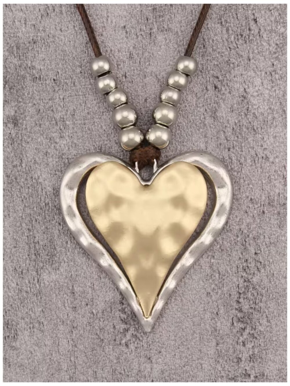 NWT Two Tone Hammered Heart Pendant Cord Necklace Boho Silver Gold Beaded